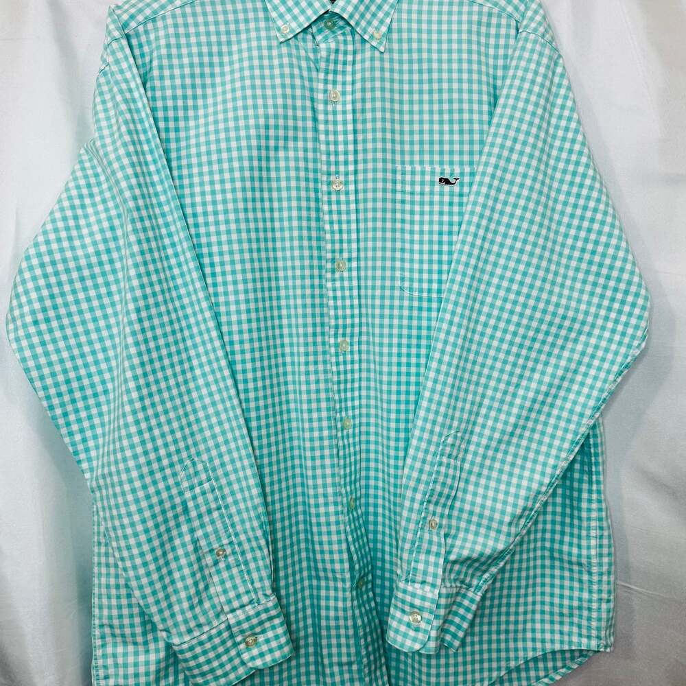 Vineyard Vines Men's Green and White Checked Button-Down Long Sleeve Classic Fit